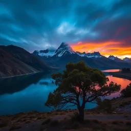 beautiful landscape photography by marc adamus, patagonia, a lake, a tree in the foreground, sunset, dramatic sky
