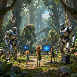 a place where fantasy meets high technology, elves, orcs, forests, robots, computers, unreal engine, high detailed, octane render
