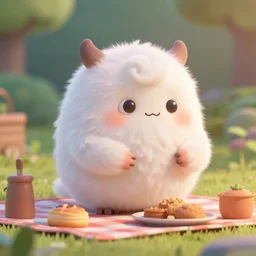 little fluffy monster having a picnic. upcoming 3 d animation by an indie studio, rimlighting, depth of field, limited palette, intricate details.