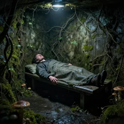 you wake up on a cold bench, you look around. you find out that you are locked inside a musky cold abounded cellar with vines, moss and mushrooms growing around you, realistic, hdr, clear image, hdd, rtx on, dynamic lighting,