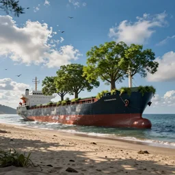 landscape photo, huge cargo ship stranded on beach. trees are growing out of the cargo ship. long coast, rias coast, blue sky, clouds, sea birds