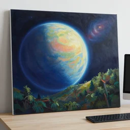 a painting of a stunning landscape, a planet in space, striking lighting, a computer on a table, ilya kuvshinov, greg rutkowski, john singer sargent, anime, trending on artstation, intricate