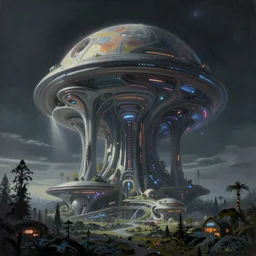 beautiful low angle painting of an alien planet with beautiful sleek dreamlike buildings and technology, forestpunk, neon lights, moody atmosphere, epic composition, dramatic lighting, trending on artstation, octane render, by robert zemeckis