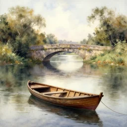 watercolor of calm river with wooden boat, stone bridge, art by anders zorn, wonderful masterpiece by greg rutkowski, beautiful cinematic light, american romanticism by greg manchess, creation by tyler edlin