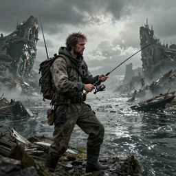 Gigachad fishing in the apocolypse, HD, 4k image, apocolyptic landscape, end of the world