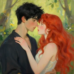 a male with short black hair and a female with long red hair who are in love, beautiful fantasy world, painted by sylvain sarrailh, ferdinand knab, trending on artstation