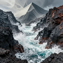 waves crashing against mountainous volcanic rocks, dramatic composition film cinematography, figurative surrealism depicting complex geometry, pop nature art made of 3 d fractal rendering, juxtapoz, 4 k wallpaper masterpiece