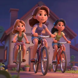 girls ridning house, 3d, pixar style, Disney style