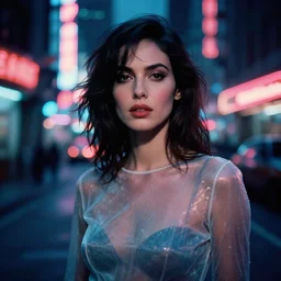 A hyper realistic and detailed head portrait photography of a Rachael of Blade Runner wearing a translucent, shimming dress on a futuristic street. by Annie Leibovitz. Neo noir style. Cinematic. neon lights glow in the background. Cinestill 800T film. Lens flare. Helios 44m