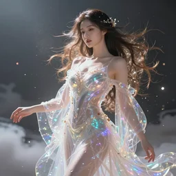 a beautiful female goddess of transparency character, character is in all its glory, character is in her natural relaxed pose, rim lights, particles and dust in the air, fancy clouds, highly detailed professional photo, dynamic lights, particles are flying, depth of field, trending on artstation, professional illustration, hyper realistic, vray caustics, super detailed, colorful accents, cinematic shot
