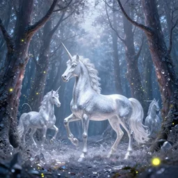there is a silver unicorn in the forest, unicorns around the shimmering light, fireflies flying in the forest, the dreamy crystal atmosphere ， super wide angle ， matte painting ， rtx on ， trending on cgsociety and artstation, volumetric light ， surreal