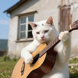 realistic photo of a white female cat with a black spot on her trunk playing guitar, an old house with a window over a hill, blue sky