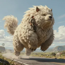 a concept art illustration, fantasy, man on a fluffy floating hairy creature on a road, hyper realistic, photorealistic, art by wlop, trending on artstation, cgsociety, ultra sharp, digital painting