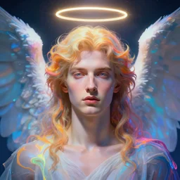 rembrandt shoulder level close up ethereal portrait of a beautiful force of the good light seraphim male futuristic angel with halo above head. the face of the algel is in the center of the canvas, passport photo framing. volume lighting, concept art, by greg rutkowski!!, colorful, xray melting colors!! - g