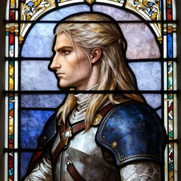 side - view portrait of geralt of rivia, 1 0 th century stained glass window, masterful