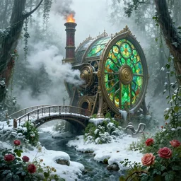 large mechanical device enslaving humanity and grinding down the truth, ornate, beautiful, atmosphere, vibe, mist, smoke, fire, chimney, rain, wet, pristine, puddles, melting, dripping, snow, creek, lush, ice, bridge, green, stained glass, forest, roses, flowers, by stanley artgerm lau, greg rutkowski, thomas kindkade, alphonse mucha