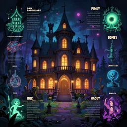 matte painting, haunted mansion, infographic with illustrations!!!, glowing lights, epic fantasy, colorfully, digital art, highly saturated colors, concept art, detailed illustration, hd, 4 k, digital art, greg rutkowski, dan mumford, studio ghibli trending on artstation