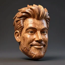 A wooden mask of Gordon Ramsay\'s face, 3D render, studio lighting, isometric view