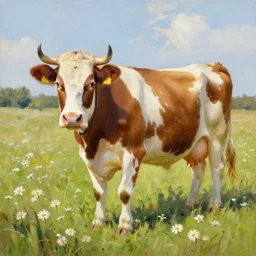 oil painting of a cow in a field of daisy's sunny day