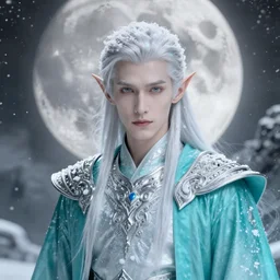 handsome male snow elf in a turquoise cape and silver ornate armour, highly detailed face, albino skin, pointed ears, beautiful eyes, ethereal opalescent mist, moonlight snow, fantasy art, perfect face, elegant, very coherent symmetrical artwork, atmospheric lighting, rule of thirds, by wenjun lin, krenz cushart, charlie bowater, trending on artstation
