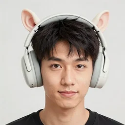 promotional product concept photo of the triphones, a person with 3 ears wearing a 3 - eared headphone concept, headphones designed for people with 3 ears