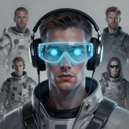 tron neon cyberpunk programmer with glowing geordi cyclops visor over eyes and sleek headphones headshot desaturated portrait painting by donato giancola, dean cornwall, rhads, tom whalen, alex grey astronaut fashion photography