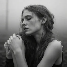birth is a curse and she hasn't forgot that pain is another way of falling asleep, she is 2 1, skinny and beautiful, she listens to oathbreaker, still from a lars von trier movie, black and white, the background is infected, insanely detailed, closeup, foggy like in norwegian black metal aesthetic