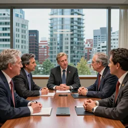 cinematic view of hyper realistic canadian politicians arguing at a boardroom table in front of a skyscraper window in downtown vancouver by cedric peyravernay, depth of field, sharp focus, pop art style, intricate, high detail, digital art, ultra realistic, cinematic lighting, artstation, 3 5 mm film grain