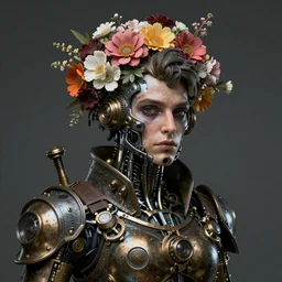 portrait steampunk cyborg man with flowers in his hair 4k ultra detailed