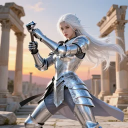 white hair knights of zodiac girl, sliver ice color reflected armor, taekwondo fighting in ruined agora of athens sunset, ssci - fi and fantasy, intricate and very very beautiful and elegant, highly detailed, digital painting, artstation, concept art, smooth and sharp focus, illustration, art by tian zi and wlop and alphonse mucha