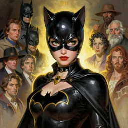 cat woman from batman in the style of boris vallejo, hajime sorayama, peter mohrbacher, wayne barlowe, gustav moreau, bussiere, roberto ferri, santiago caruso, luis ricardo falero, austin osman spare, dali