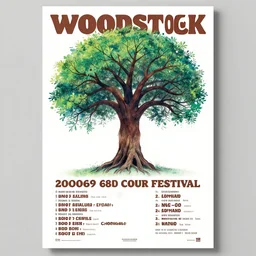 airbrush style tour poster for woodstock festival 2 0 6 9, tree of life