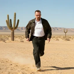 walter white from breaking bad running in the desert, landscape, realistic, detailed, hq, trending on pinterest.