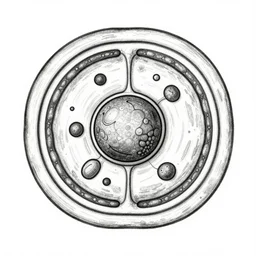 a beautiful, text book, black and white drawing of an eukaryotic cell with a nucleus in the center by picasso