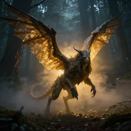 wounded mysterious fantasy winged monster, 4 k, photorealistic, golden light, volumetric, foggy, forest, midnight