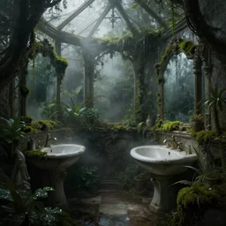 traditional bathroom!!!! greenhouse!! misty, harsh reflections, dramatic lighting, murky glass, plants, moss, dark, overgrowth, highly detailed, intricate, digital art, digital painting, atmospheric, mysterious, ominous, fantasy, artstation