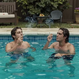 a still of two guys smoking cigarettes while floating in a backyard pool in the video too many cooks