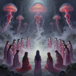 A painting of priestesses worshipping at the jellyfish temple, shrouded in mist, jellyfish god, jellyfish statues, 8K, illustration, art by artgerm and Makoto Shinkai and Hitoshi Ashinano, smoke, cinematic, atmospheric, insanely detailed and intricate, hypermaximalist, elegant, super detailed, award-winning, puce and vermillion, mysterious, ancient, ritual, ethereal, forgotten lore
