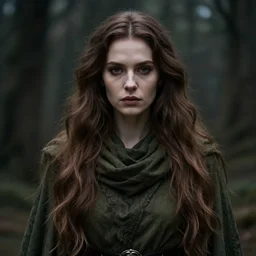 an ethereal high witch with long beautiful brown hair, in a dark olive green cowl, dark aesthetic, fantasy