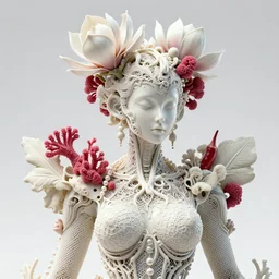 intricate hyper detailed ultra sharp focus 3 d render of a beautiful porcelain ivory fair seductive liz katz medium shot portrait, close - up, bright 3 point light studio, alexandre ferra white hexagonal mesh, cyberpunk mechanical haute couture huge fractal mycelum and fungi filigree lace, rasberry chili red sponge corals, huge magnolia goliath head ornaments, big embroidered leaves sinuous roots, octane render, pearls, volumetric cinematic lighting, 8 k, vray tracing, no dof, no blur
