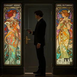 an adult man stands with a gun at the door, dark room, side profile centered, by artgerm, cushart krenz, greg rutkowski, storyboard, mucha. art nouveau. gloomhaven, swirly vibrant ripples, gaudy colors, sharp edges. ultra clear detailed. 8 k. elegant, intricate, octane render