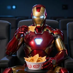 iron-man is watching an iron-man movie in a movie theater while eating nachos, hyper-realistic, photorealistic, cinematic, studio lighting
