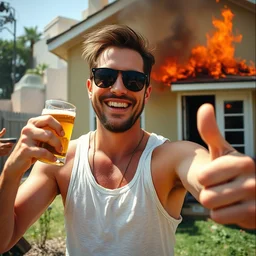 a selfie of a man wearing a tank top, sunglasses, drinking beer, smirking, doing a thumbs up gesture, happy that his house is on fire, high quality, detailed, a beautiful photograph from the nineties