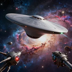 star trek enterpise beeing attacked by the borg, ultra realistic, intricate details, highly detailed, colourful nebula background, octane render, 8 k