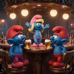 Smurfs sitting at the bar drinking beers why smurfette dances in bikini on the bar unreal engine 5 dynamic lighting elaborate details
