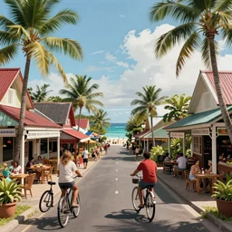 a quaint fijian island town, street, shops, restaurant, street - level view, bicycles, view of ocean in the distance at end of street, digital illustration, art by artgerm and edmund blair leighton, trending on artstation, intricate, amazing detail, concept art, sharp focus, octane render, unreal engine, cinematic lighting