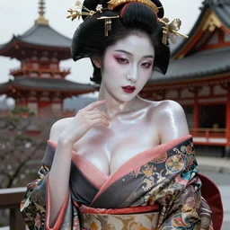 glamorous and sexy Geisha portrait, beautiful pale makeup, pearlescent skin, seductive eyes and face, elegant, lacivious pose, very detailed face, highly detailed kimono, some dust in the air, ancient japanese temple on the background, photorealism, portrait by Magali Villeneuve and Steve Argyle,Livia Prima,Mucha,dress,fantasy art,beautiful,artstation,trending on artstation,intricate details,alluring,masterpiece