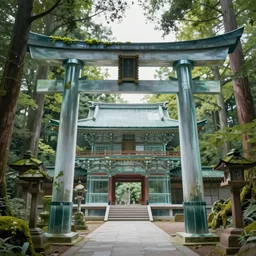 A beautiful painting of a torii gate in a forest leading to a huge Japanese styled temple made of glass overgrown with trees and crystals and a light shining from the trees casting a soft shadow on the landscape | Asher Brown Durand | trending on Artstation