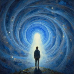 a time traveler facing a beginningless and endless paradox trapped in a causal loop, a breathtaking beautiful detailed painting, lonely character, blue portal, quantum gate, cyclic fractals