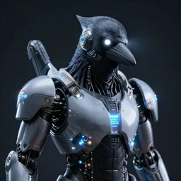 crow wearing cybernetic armour, leds, dark background, close - up, futuristic technology, soft glow